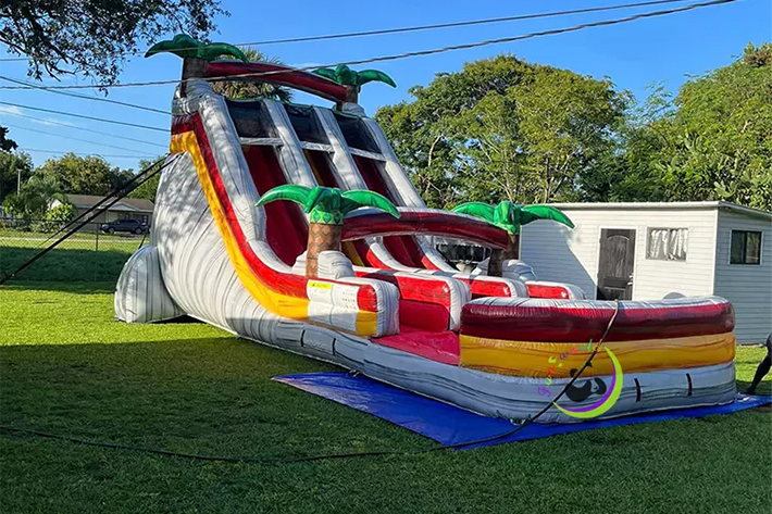 Gray Color Tropical Theme Dual Lane Inflatable Water Slide FWS383